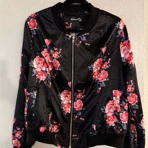 Bomber Black Jacket with Red and Pink Floral Design